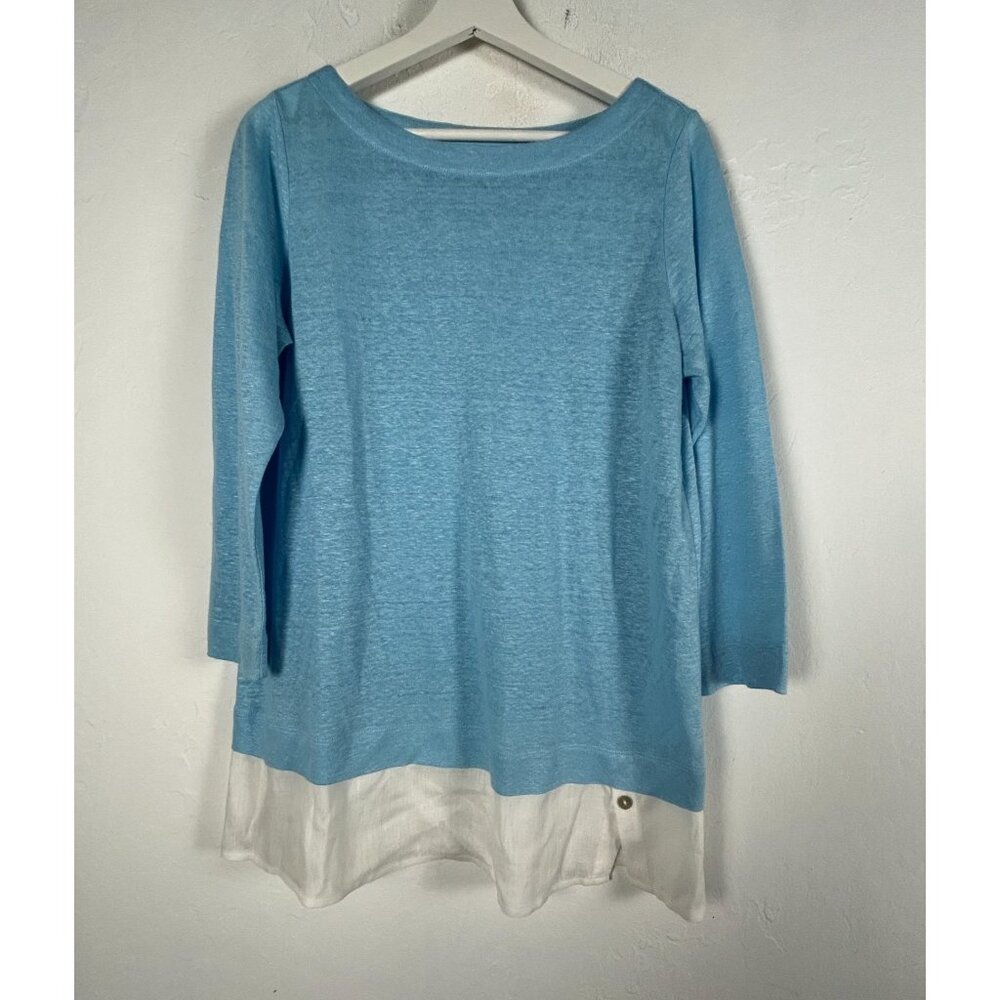 J.Jill Love Linen Womens Blue & White 3/4 Sleeve Tunic Top Small Boat Neck NWOT